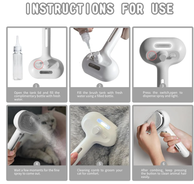 Step-by-step instructions for using a grooming tool with images and text.