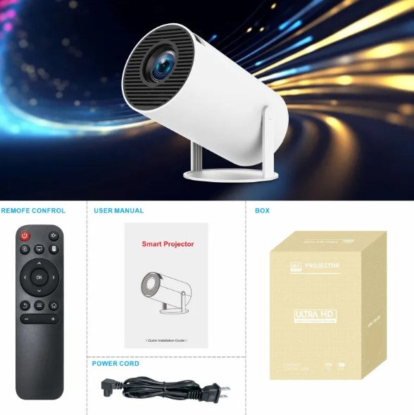 A white smart projector shown with its remote control, user manual, power cord, and product box on a dark abstract background. The main projector is large and centered at the top, while the accessories are arranged in a grid below with labels.