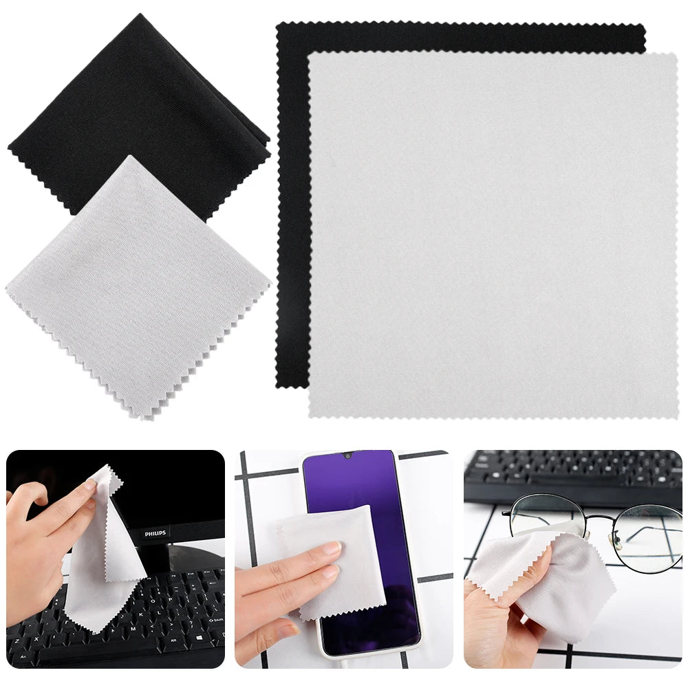 Set of cleaning cloths in black, white, and gray with usage examples on a white background.