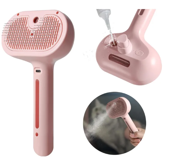 Pink handheld grooming brush with attachments on a white background