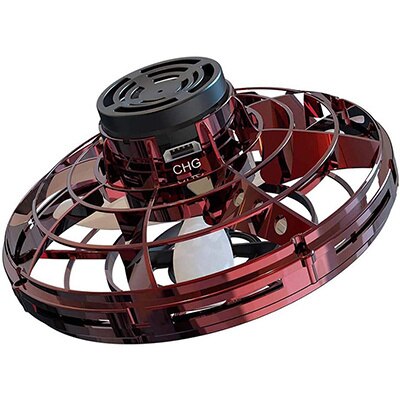Red and black handheld fan on a white background