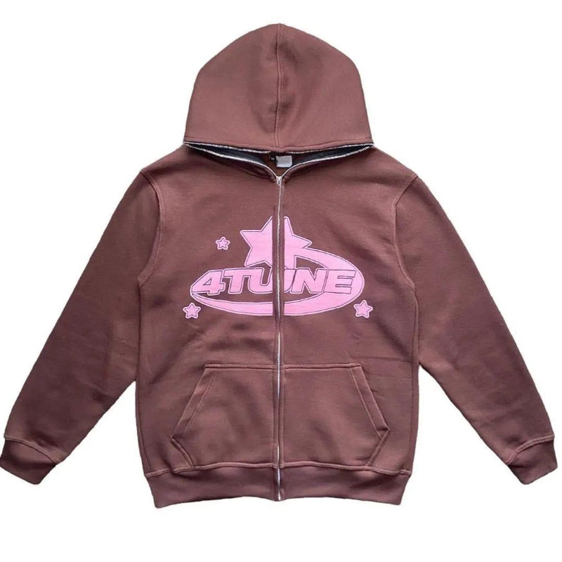 Brown hoodie with pink '4TUNE' logo on a white background