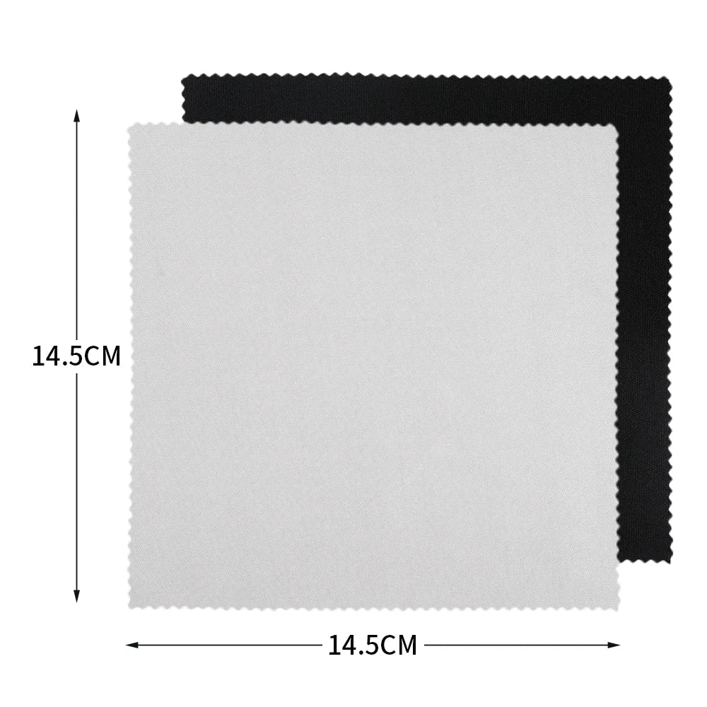 White and black fabric swatches with dimensions labeled