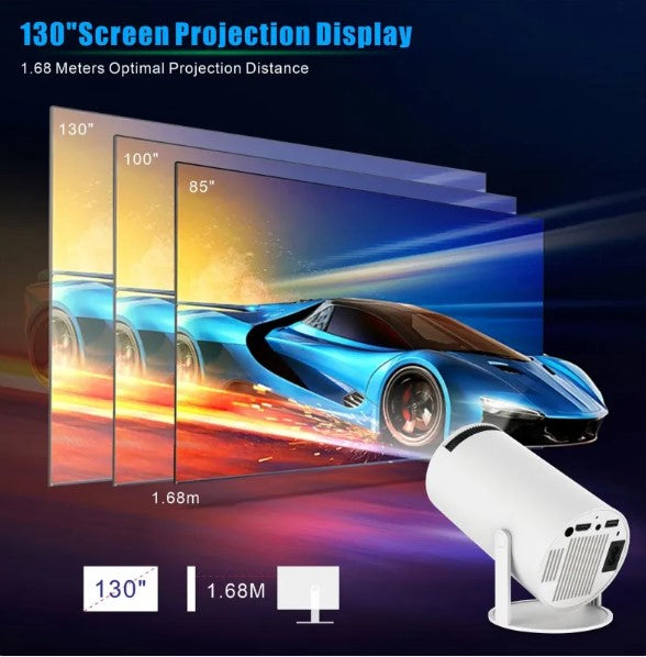 Screen projection display with a futuristic car design on the screen and a white projector below.