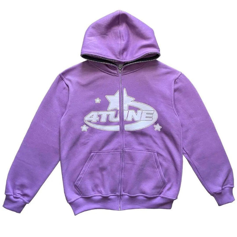 Purple hoodie with a white logo on a white background