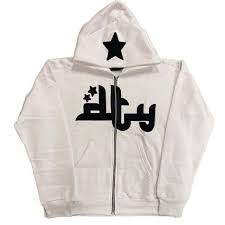 White hoodie with black star and text design on a white background