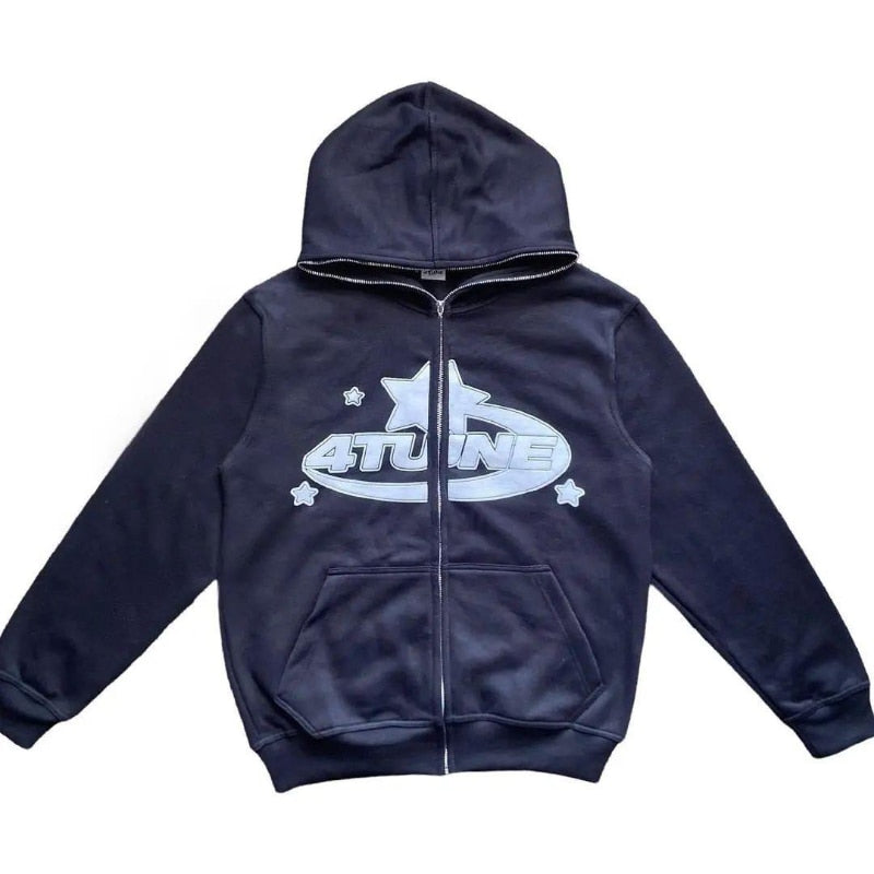 A navy blue zip-up hoodie with a large white graphic on the front featuring a star, the text '4TUNING', and small stars, displayed against a plain white background.