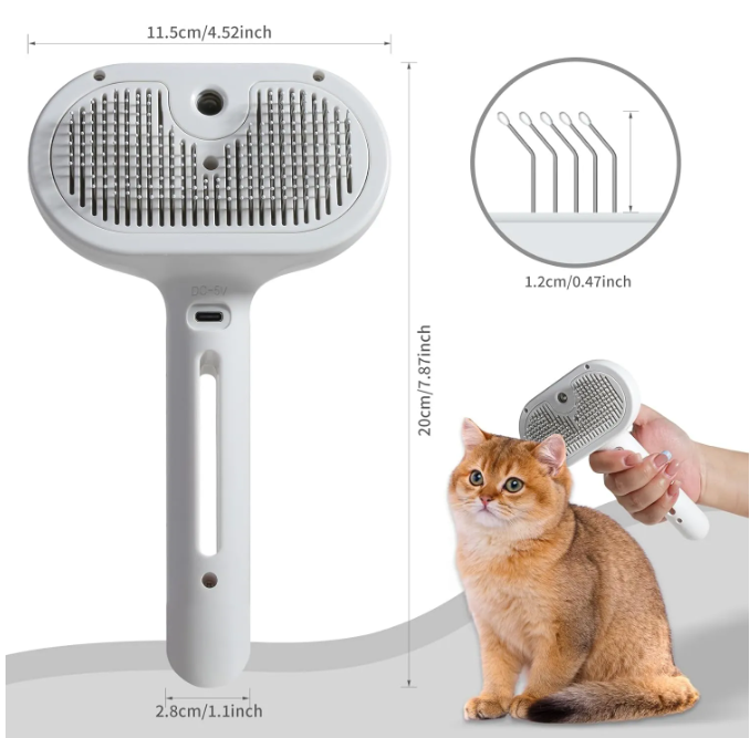 A white pet grooming brush with dimensions labeled, shown alongside a cat being brushed by a human hand. The image includes an inset circle showing the bristle detail and measurement annotations.