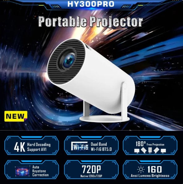 Portable projector with features highlighted on a space-themed background