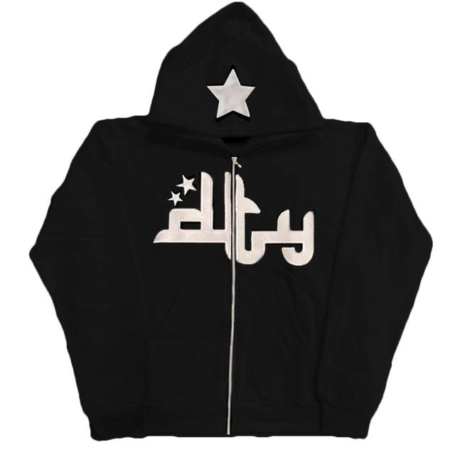 Black hoodie with white Arabic text and star design on a white background