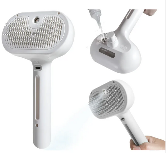 A white handheld pet grooming brush shown from multiple angles on a white background, including one view with a hand holding it and two close-up views showing the brush head and base details.