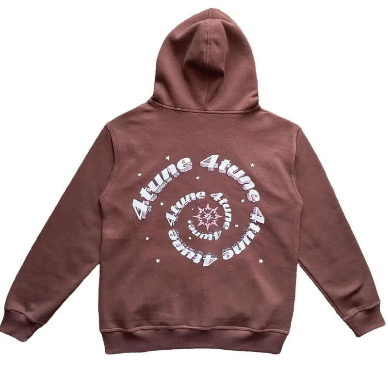 Brown hoodie with white text and design on a white background