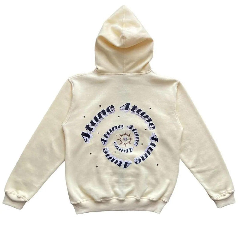 Beige hoodie with 'Atune' logo on the back against a white background