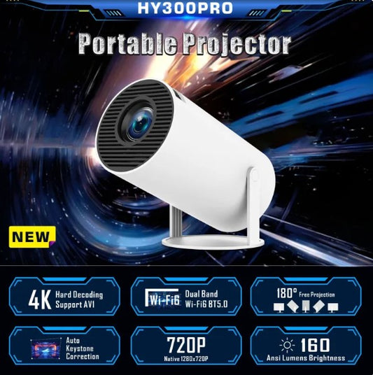 Portable projector with features highlighted on a space-themed background