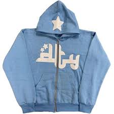 Blue hoodie with white star and logo on a light blue background