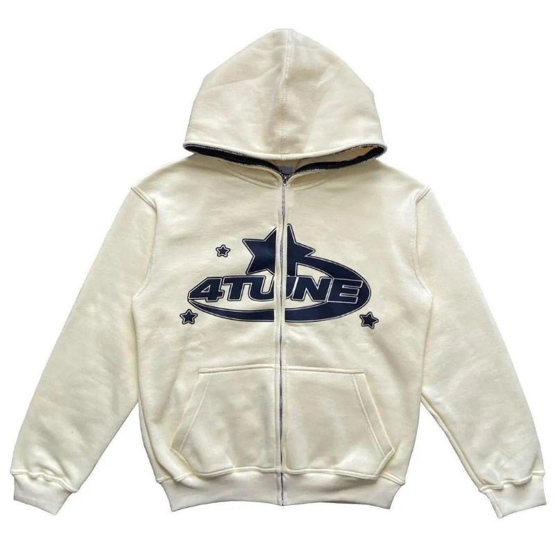 An off-white zip-up hoodie with a dark navy blue graphic on the chest featuring a star, the word '4TUNE', and small stars, displayed against a plain white background.